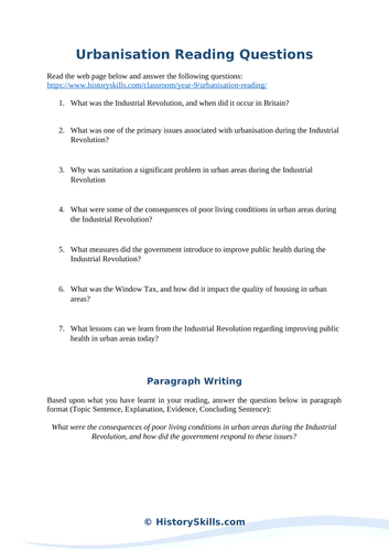 Urbanisation in the Industrial Revolution Reading Questions