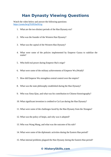 Han Dynasty Video Viewing Questions Worksheet