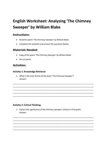 English Worksheet: Analysing 'The Chimney Sweeper' by William Blake