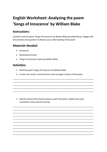 English Worksheet: Analysing the poem 'Songs of Innocence' by William Blake