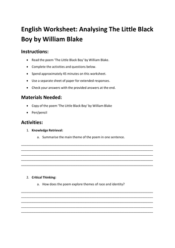 English Worksheet: Analysing The Little Black Boy by William Blake