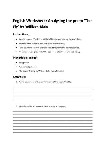 English Worksheet: Analysing the poem 'The Fly' by William Blake
