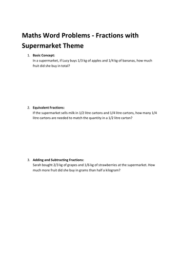 Maths Word Problems - Fractions with Supermarket Theme