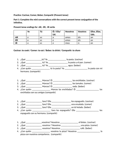 Practice: Cocinar, Comer, Beber, Compartir (Present tense)