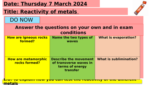 KS3  - Reactivity of Metals