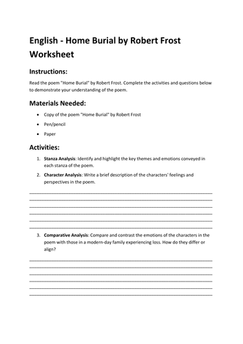 English - Home Burial by Robert Frost Worksheet