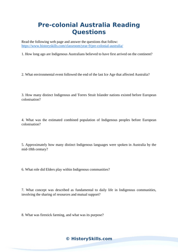 Pre-colonial Australia Reading Questions Worksheet