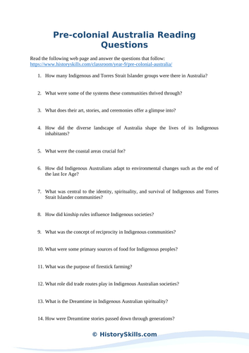 Pre-colonial Australia Reading Questions Worksheet