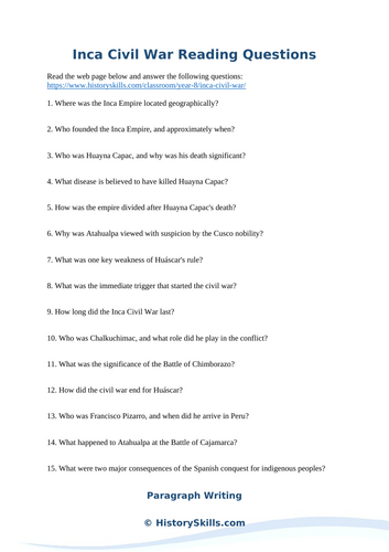 Inca Civil War Reading Questions Worksheet