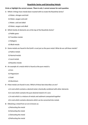 Extracting Metals & Reactivity Series Multiple Choice Quiz | Teaching ...