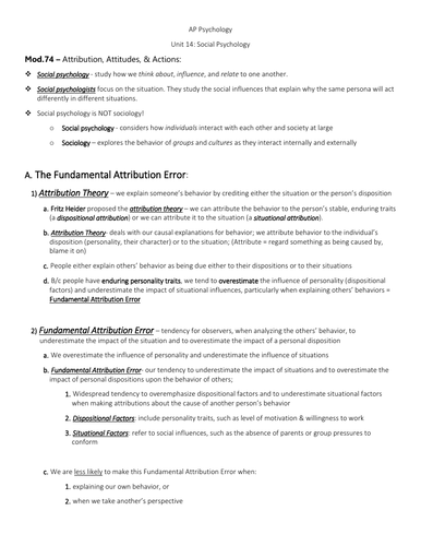 AP Psychology Social Psychology NOTES   – Attribution, Attitudes, & Actions: