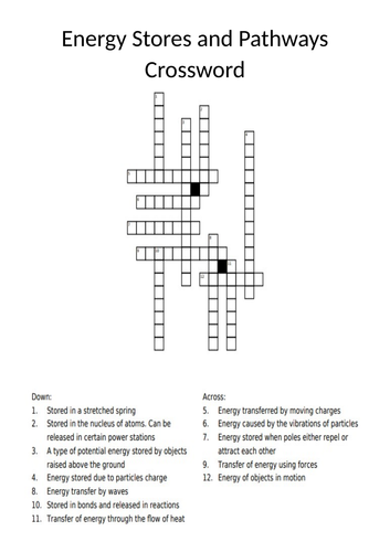 Energy Stores and Pathways Crossword (with Answers)