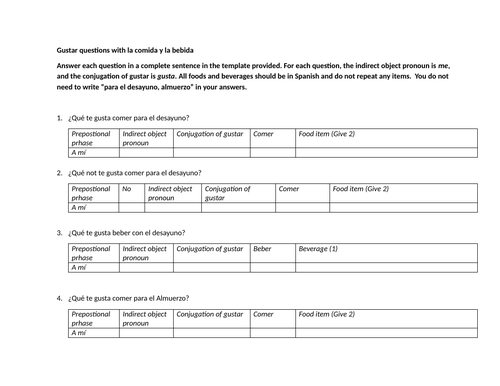 Gustar questions with la comida y la bebida