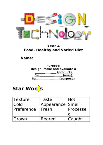 Workbook for a year 2/3/4 DT unit of work based around a healthy and varied diet