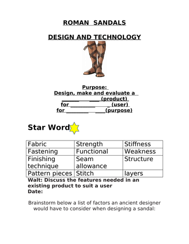 Workbook for a year 3/4 DT unit of work based around making a Roman Sandal