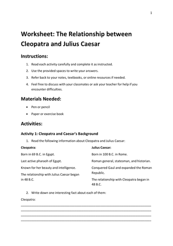 Worksheet: Ancient Egypt - The Relationship between Cleopatra and Julius Caesar