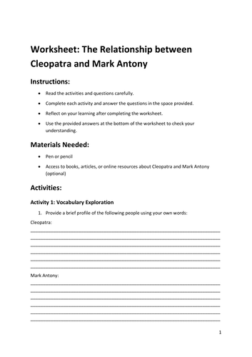 Worksheet: Ancient Egypt -  The Relationship between Cleopatra and Mark Antony