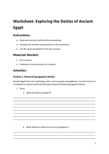 Worksheet: Exploring the Deities of Ancient Egypt