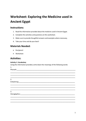Worksheet: Exploring the Medicine used in Ancient Egypt