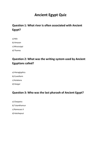 Ancient Egypt Quiz/Assessment