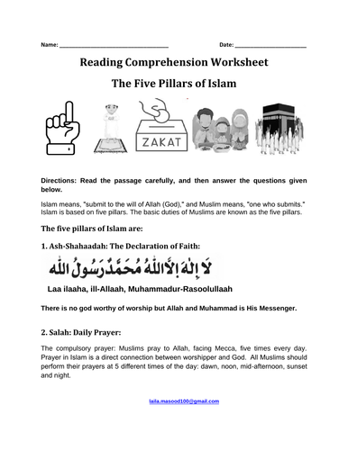 The Five Pillars of Islam (Reading Comprehension Worksheet with Answer Key)