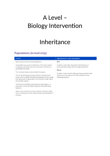 A level Populations and Evolution may lead to speciation intervention resource