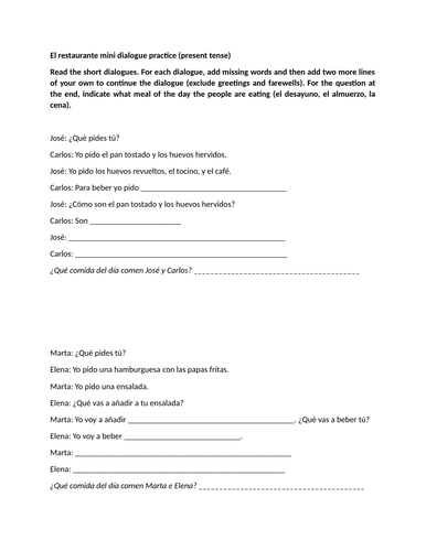 El restaurante mini dialogue practice (present tense)