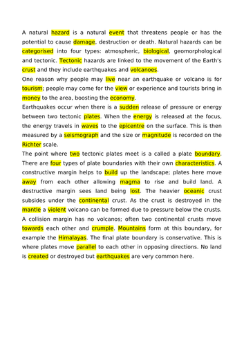 GCSE: Tectonics gap fill and wordsearch