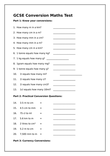 GCSE Maths Test - Conversions