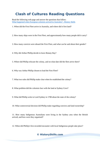 Early Colonial Australia Reading Questions Worksheet
