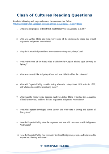 Early Colonial Australia Reading Questions Worksheet