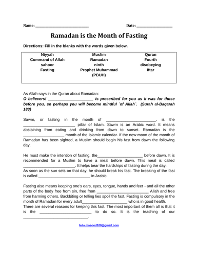 Ramadan Is The Month of Fasting (Reading Comprehension Worksheet with Answer Key)