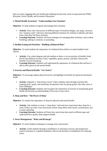 PSHE - Ideas for health and wellbeing lesson