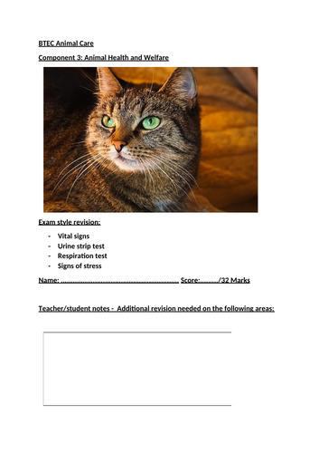 BTEC Animal Care Component 3: Animal Health and Welfare - Health tests and signs of stress