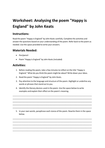 Worksheet: Analysing the poem "Happy is England" by John Keats