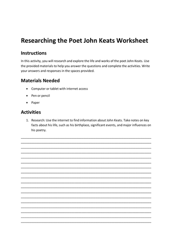 Researching the Poet John Keats Worksheet