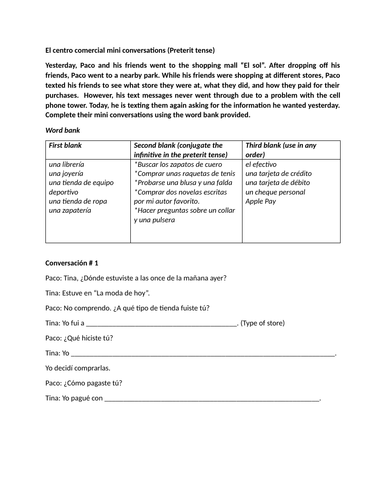 El centro comercial mini conversations (Preterit tense)