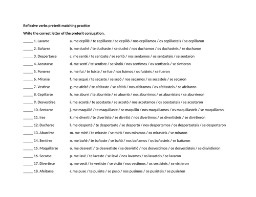 Reflexive verbs preterit matching practice