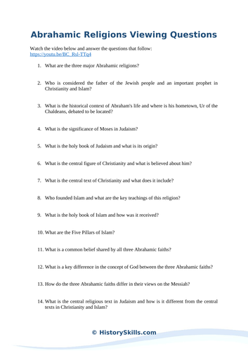Abrahamic Religions Video Viewing Questions Worksheet