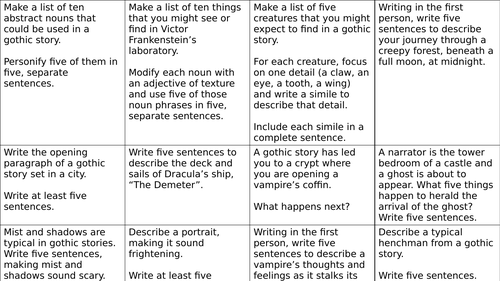 KS2, KS3, gothic homework task grid