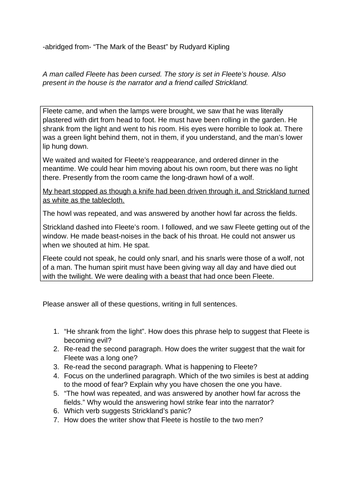 KS3 Gothic Horror "The Mark of the Beast" Kipling CRR Cover Homework Close Guided Reading