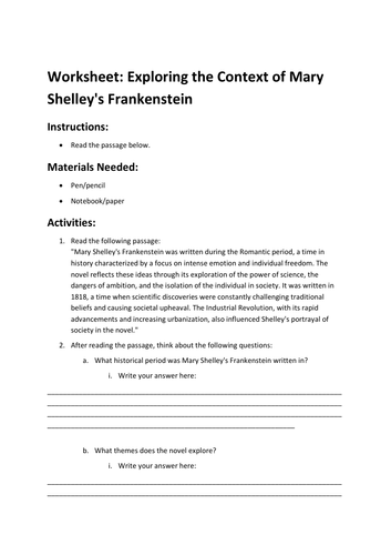 Worksheet: Exploring the Context of Mary Shelley's Frankenstein