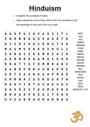 Hinduism Key Word Wordsearch