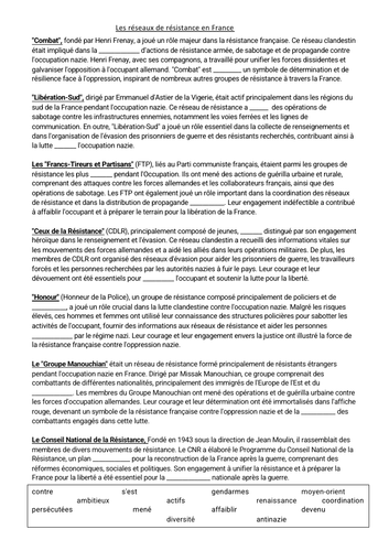 A level worksheet les réseaux de résistance en France