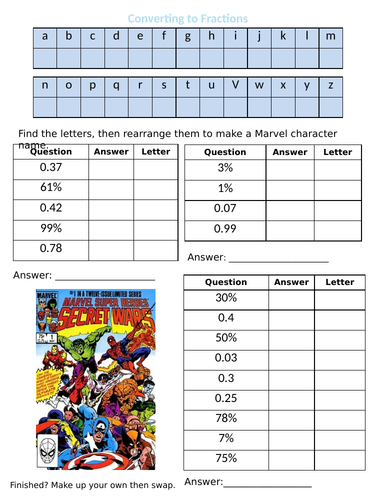 Converting Decimals and Percentages to Fractions Codebreaker