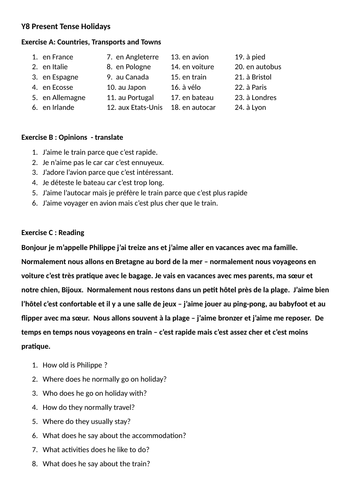 Year 8 French Cover Worksheet - Holidays Present tense