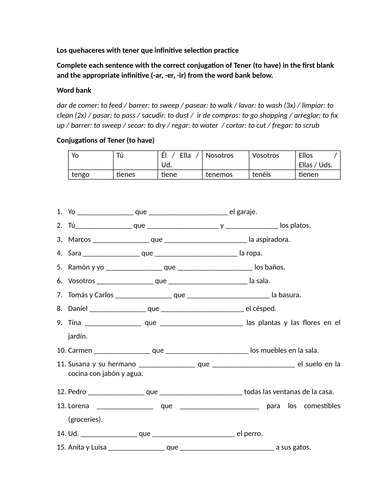 Los quehaceres with tener que infinitive selection practice