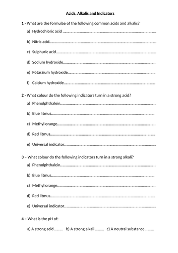 Acids, Alkalis, Indicator Colours and Formulae