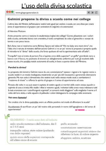 Italian A Level Theme 1- L'istruzione e la divisa scolastica - school system and school uniform