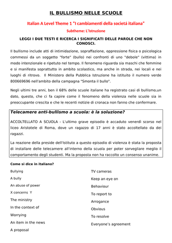 Italia A Level Theme 1 Istruzione - Bullismo nelle scuole -Bullying in Schools Italian school system